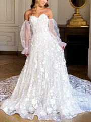 Wedding Dress Designer, A-Line/Princess Sweetheart Cathedral Train Lace Wedding Dresses With Appliques Lace