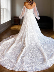 Wedding Dress Designers, A-Line/Princess Sweetheart Cathedral Train Lace Wedding Dresses With Appliques Lace