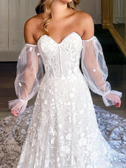 Wedding Dress Vintage, A-Line/Princess Sweetheart Cathedral Train Lace Wedding Dresses With Appliques Lace
