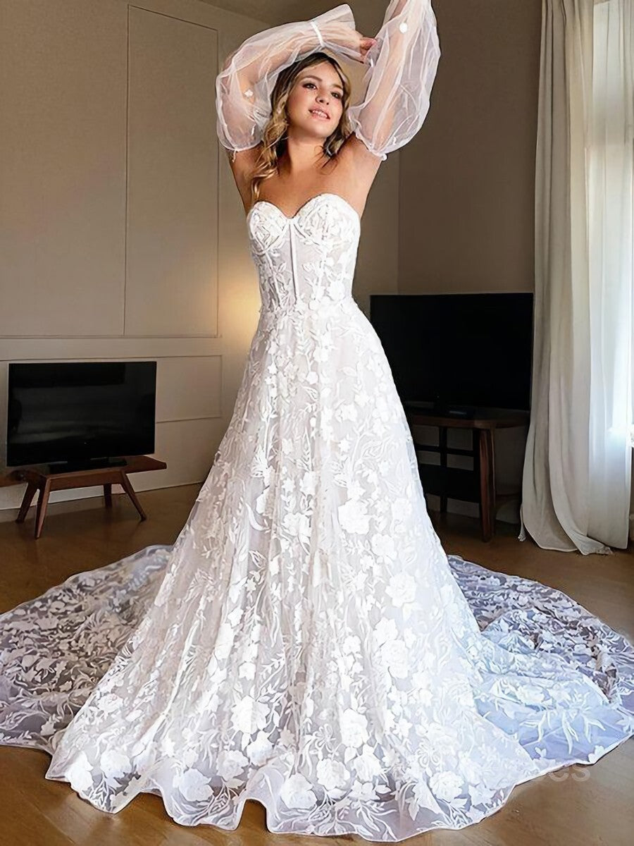 Wedding Dress Outfit, A-Line/Princess Sweetheart Cathedral Train Lace Wedding Dresses With Appliques Lace
