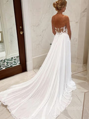 Wedding Dresses 2029, A-Line/Princess Sweetheart Chapel Train Chiffon Wedding Dresses With Leg Slit
