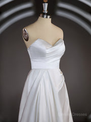 Wedding Dress Color, A-Line/Princess Sweetheart Chapel Train Satin Wedding Dresses with Ruffles