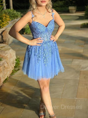 Homecoming Dresses 2032, A-Line/Princess Sweetheart Corset Short/Mini Tulle Homecoming Dresses With Appliques Lace