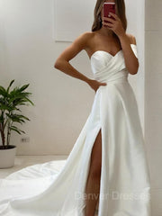 Wedding Dress For Beach Wedding, A-Line/Princess Sweetheart Court Train Satin Wedding Dresses With Leg Slit