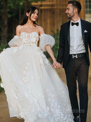 Wedding Dresses For Bride Boho, A-Line/Princess Sweetheart Court Train Tulle Wedding Dresses With Appliques Lace