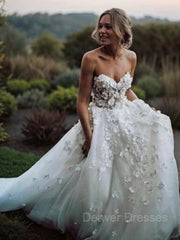 Wedding Dresses Gowns, A-Line/Princess Sweetheart Court Train Tulle Wedding Dresses With Appliques Lace