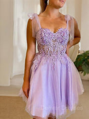 Bridesmaids Dresses Short, A-Line/Princess Sweetheart Short/Mini Tulle Homecoming Dresses With Appliques Lace