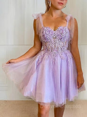 Bridesmaides Dresses Short, A-Line/Princess Sweetheart Short/Mini Tulle Homecoming Dresses With Appliques Lace