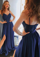 Prom Dresses With Sleeve, A-line/Princess Sweetheart Sleeveless Long/Floor-Length Charmeuse Prom Dress With Split Lace