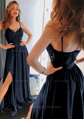 Prom Dress With Sleeves, A-line/Princess Sweetheart Sleeveless Long/Floor-Length Charmeuse Prom Dress With Split Lace