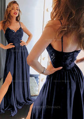 Prom Dress With Sleeve, A-line/Princess Sweetheart Sleeveless Long/Floor-Length Charmeuse Prom Dress With Split Lace