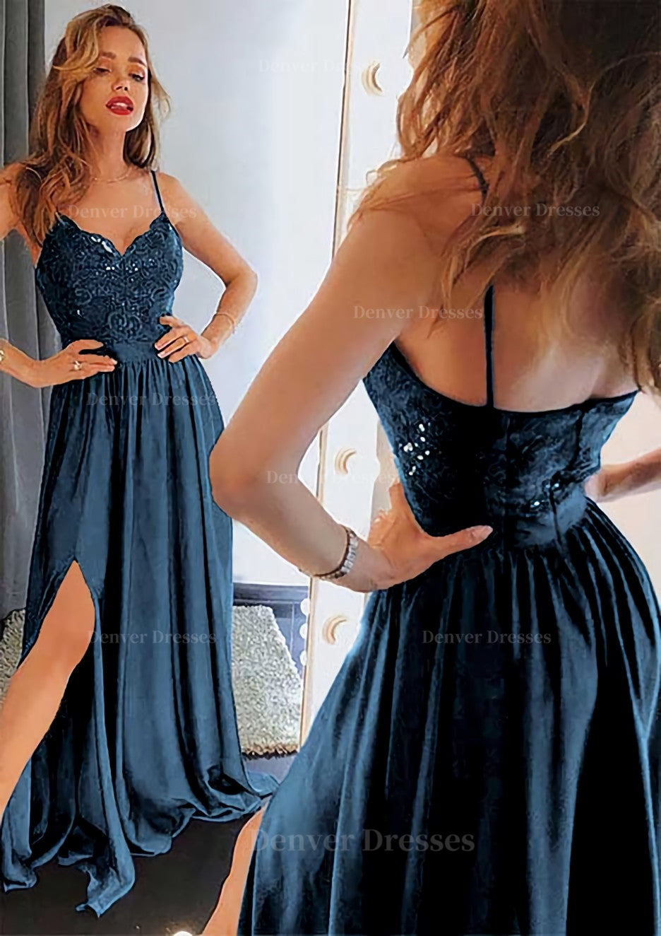 Prom Dresses Navy, A-line/Princess Sweetheart Sleeveless Long/Floor-Length Charmeuse Prom Dress With Split Lace