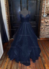 Bridesmaid Dresses Custom, A-line Princess Sweetheart Sleeveless Long/Floor-Length Tulle Sparkling Prom Dress