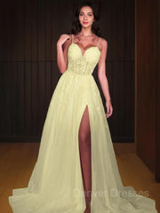 Formal Dresses Shops, A-Line/Princess Sweetheart Sweep Train Lace Prom Dresses With Leg Slit