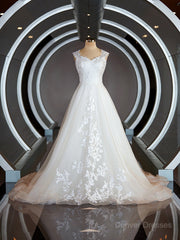 Wedding Dresses Sale, A-Line/Princess Sweetheart Sweep Train Lace Wedding Dresses with Appliques Lace