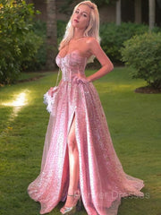 Prom Dress Ideas, A-Line/Princess Sweetheart Sweep Train Prom Dresses With Leg Slit