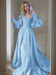 Formal Dresses Cocktail, A-Line/Princess Sweetheart Sweep Train Satin Prom Dresses With Ruffles