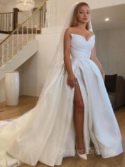 Wedding Dresses A Line Lace, A-Line/Princess Sweetheart Sweep Train Satin Wedding Dresses With Leg Slit