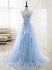 Prom Dresses Mermaid, A-Line/Princess Sweetheart Sweep Train Tulle Prom Dresses With Appliques Lace
