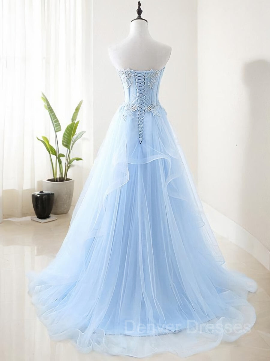 Prom Dresses V Neck, A-Line/Princess Sweetheart Sweep Train Tulle Prom Dresses With Appliques Lace