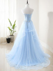 Prom Dresses V Neck, A-Line/Princess Sweetheart Sweep Train Tulle Prom Dresses With Appliques Lace