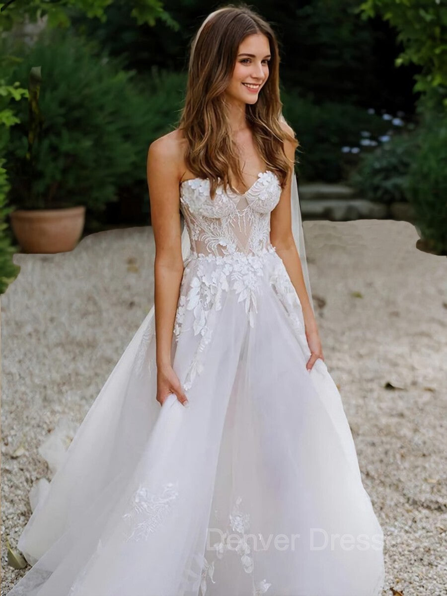 Wedding Dresses For Beach Weddings, A-Line/Princess Sweetheart Sweep Train Tulle Wedding Dresses With Appliques Lace