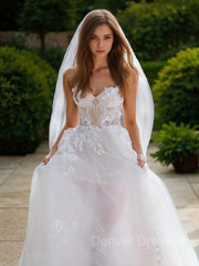 Wedding Dress For Beach Wedding, A-Line/Princess Sweetheart Sweep Train Tulle Wedding Dresses With Appliques Lace