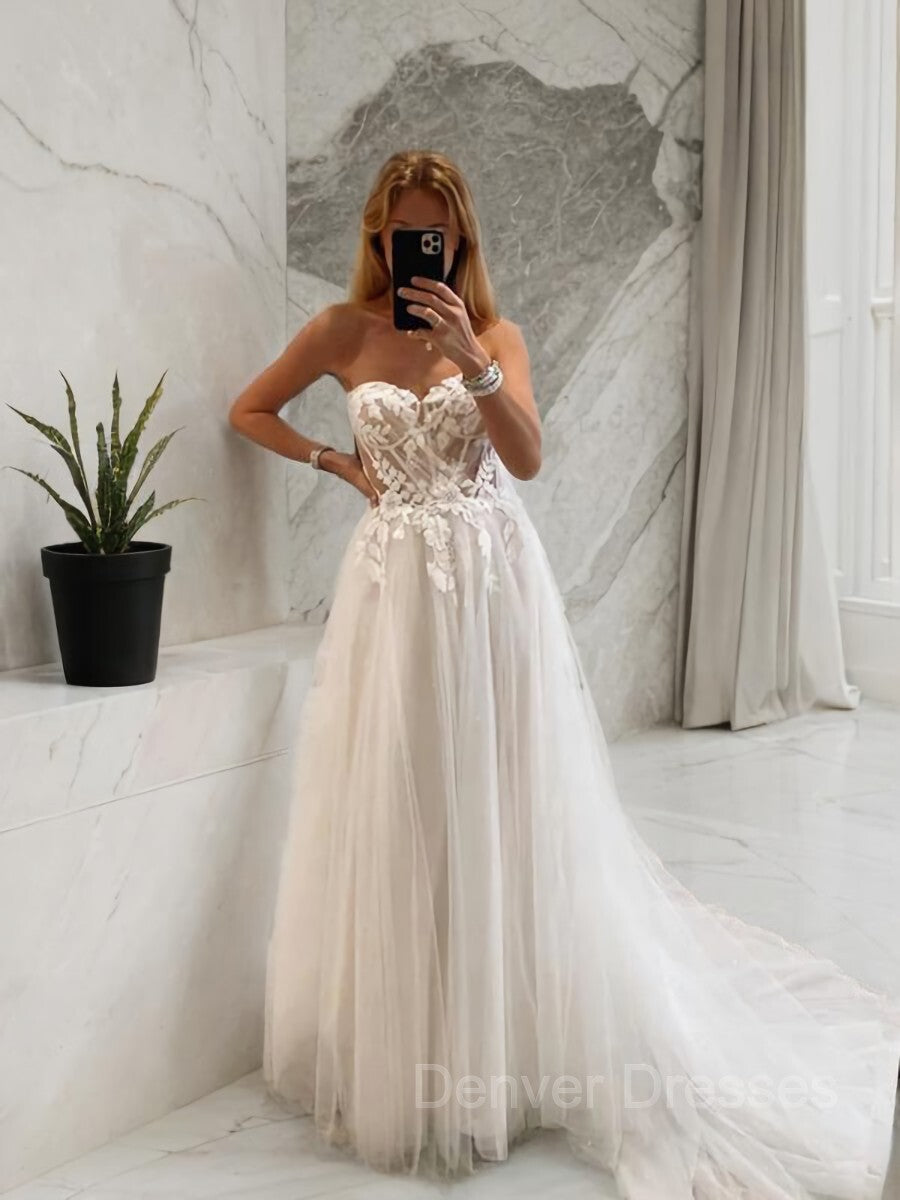 Wedding Dresses For Bride Boho, A-Line/Princess Sweetheart Sweep Train Tulle Wedding Dresses With Appliques Lace