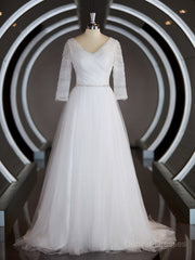 Wedding Dresse Vintage, A-Line/Princess Sweetheart Sweep Train Tulle Wedding Dresses with Ruffles