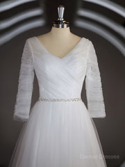 Wedding Dresses Vintag, A-Line/Princess Sweetheart Sweep Train Tulle Wedding Dresses with Ruffles