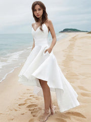 Wedding Dresses For Over 56S, A-Line/Princess V-neck Asymmetrical Satin Wedding Dresses