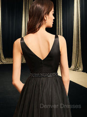 Prom Dress Blush, A-Line/Princess V-neck Asymmetrical Tulle Prom Dresses With Beading