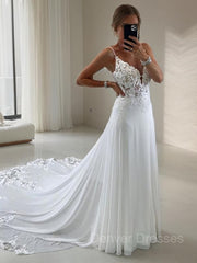Wedding Dresse Boho, A-Line/Princess V-neck Chapel Train Chiffon Wedding Dresses With Appliques Lace