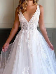 Wedding Dresses Elegant Simple, A-Line/Princess V-neck Chapel Train Tulle Wedding Dresses With Appliques Lace