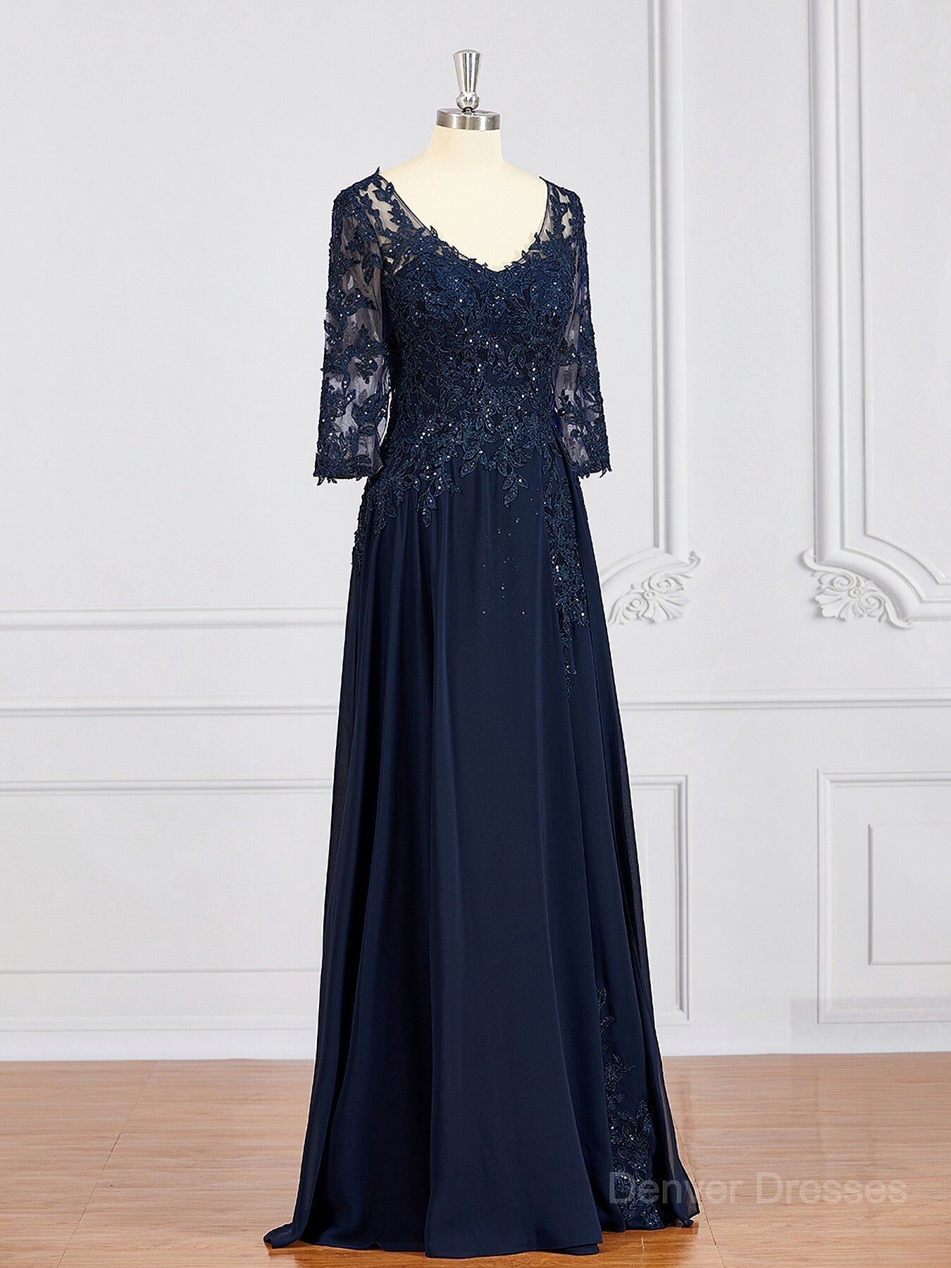 Formal Dress For Weddings, A-Line/Princess V-neck Chiffon Floor-Length Mother of the Bride Dresses With Appliques Lace