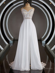 Wedding Dress Wedding Dress, A-Line/Princess V-neck Court Train Chiffon Wedding Dresses with Leg Slit