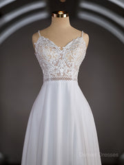 Wedding Dresses No Sleeves, A-Line/Princess V-neck Court Train Chiffon Wedding Dresses with Leg Slit
