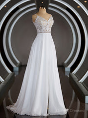 Wedding Dress Elegent, A-Line/Princess V-neck Court Train Chiffon Wedding Dresses with Leg Slit
