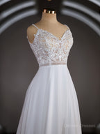 Wedding Dresses Elegent, A-Line/Princess V-neck Court Train Chiffon Wedding Dresses with Leg Slit