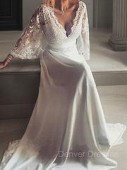 Wedding Dresses Shapes, A-Line/Princess V-neck Court Train Lace Wedding Dresses With Belt/Sash