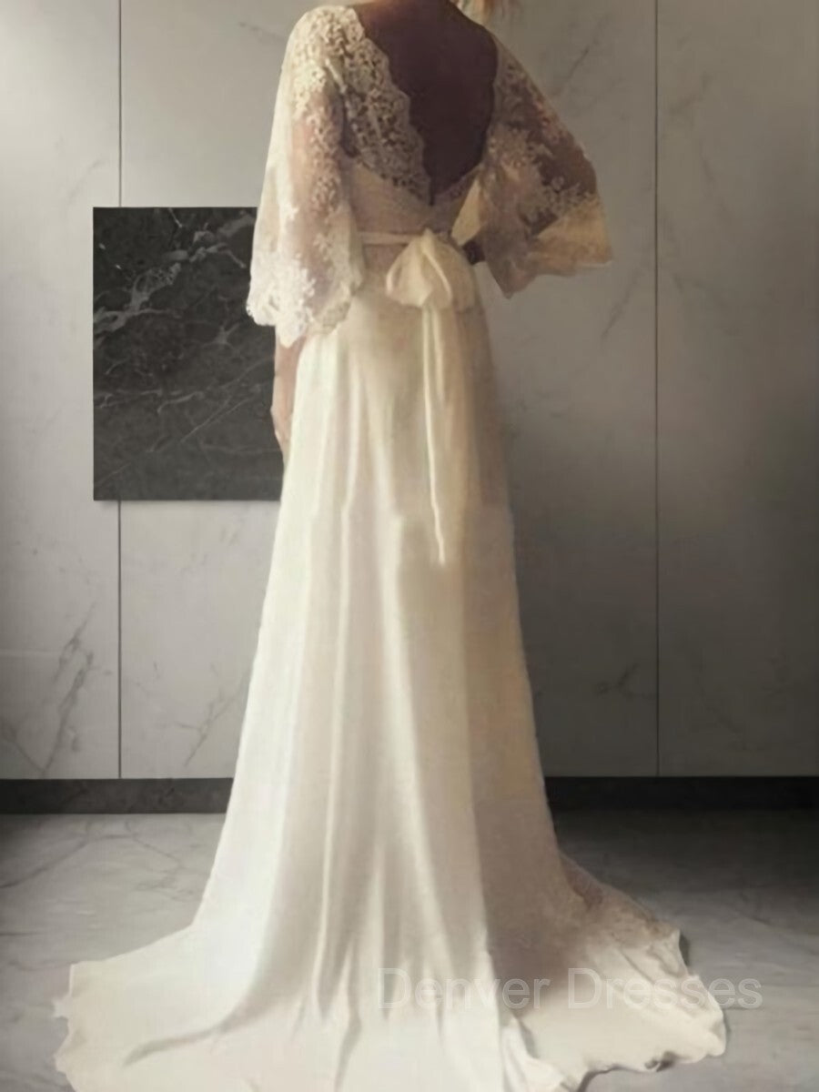 Wedding Dress Shape, A-Line/Princess V-neck Court Train Lace Wedding Dresses With Belt/Sash