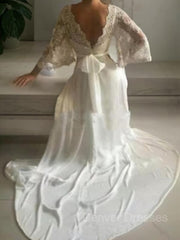 Wedding Dress Shapes, A-Line/Princess V-neck Court Train Lace Wedding Dresses With Belt/Sash