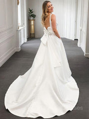 Wedding Dresses Styles, A-Line/Princess V-neck Court Train Satin Wedding Dresses With Bow