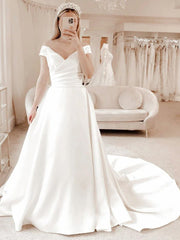 Wedding Dress Bridesmaid, A-Line/Princess V-neck Court Train Satin Wedding Dresses With Pleated