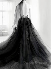 Wedding Dresses Inspiration, A-line/Princess V-neck Court Train Tulle Wedding Dress with Appliques Lace