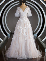 Wedding Dresses Shopping, A-Line/Princess V-neck Court Train Tulle Wedding Dresses with Appliques Lace