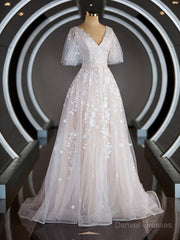 Wedding Dress 2028, A-Line/Princess V-neck Court Train Tulle Wedding Dresses with Appliques Lace