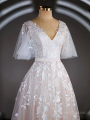 Wedding Dresses 2028, A-Line/Princess V-neck Court Train Tulle Wedding Dresses with Appliques Lace
