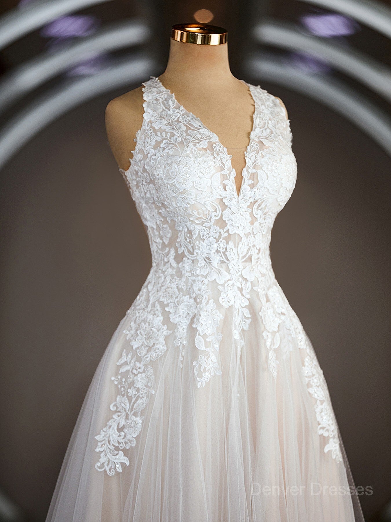 Wedding Dress For Bride And Groom, A-Line/Princess V-neck Court Train Tulle Wedding Dresses with Appliques Lace