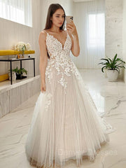 Wedding Dresses Long Sleeve, A-Line/Princess V-neck Court Train Tulle Wedding Dresses With Appliques Lace